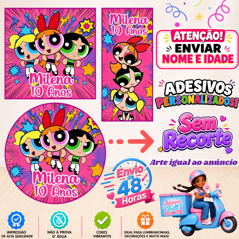 As Meninas Super Poderosas - 100/60/40 Adesivos Personalizados Lembrancinhas Festa Aniversário