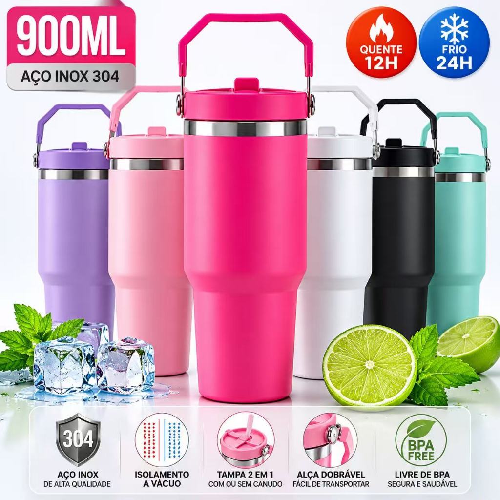 Copo Térmico Inox 304 900ml com Canudo, Garrafa Térmica Grande Capacidade, Mantém Gelado e Quente