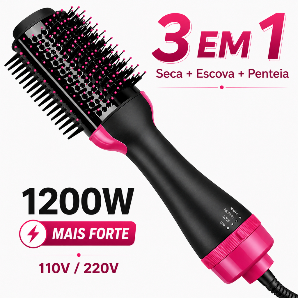 Escova Secadora Alisador Elétrica 1200w 3 em 1 Alisa Seca Modela Volumiza Cabelo 110V/220V