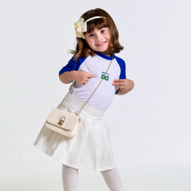 Conjunto Infantil Brasil Saia Plissada + Blusa Canelada Copa Menina