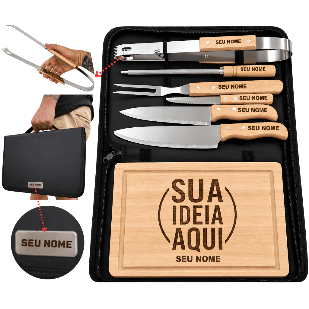 Kit Churrasco 9 peças Personalizado Estojo Tábua Faca Garfo Nome Time Logo — imagem 1