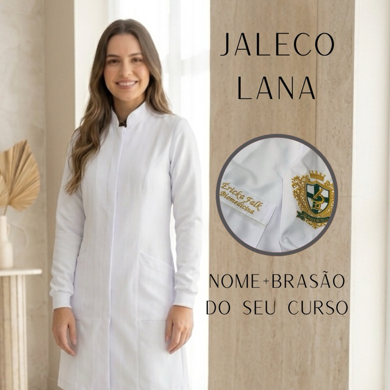 Jaleco Lana Acinturado Feminino  Bordado Personalizado Com Nome Brasão Curso Gabardine