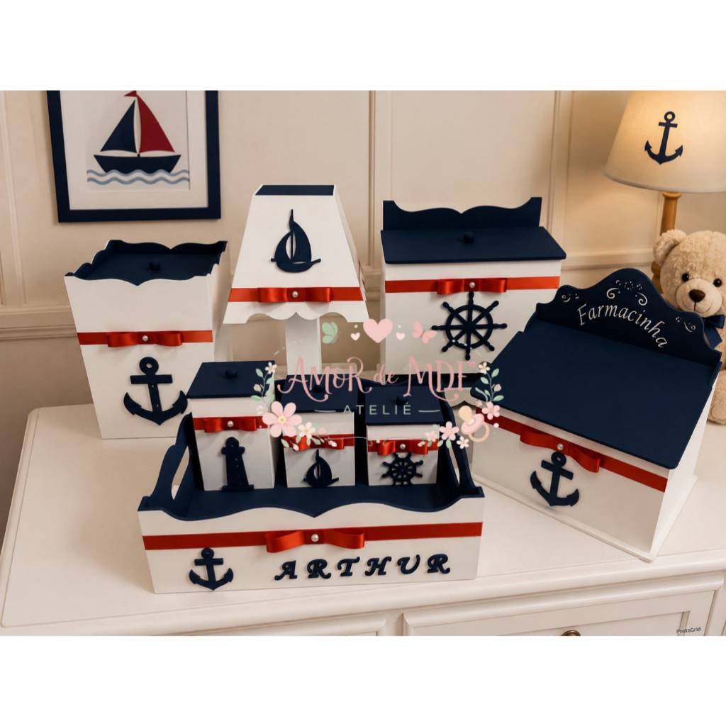 Kit Higiene Menino Bebê Marinheiro Azul Marinho Azul Escuro Azul Royal Urso Marinheiro Infantil Enxoval MDF