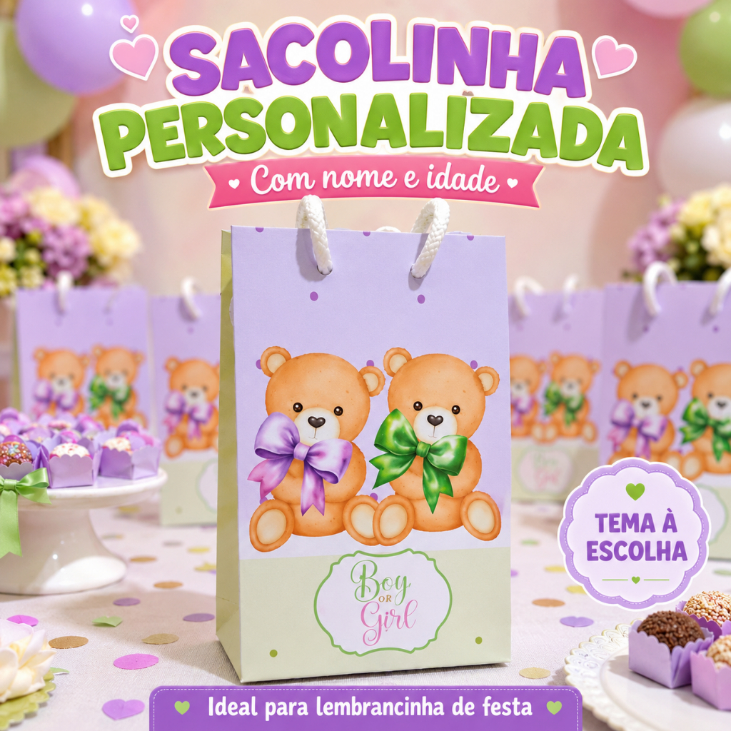 Sacolinha Personalizada Chá Revelação Lilás e Verde - com Nome e Idade para Festa Infantil - Pegue e Monte