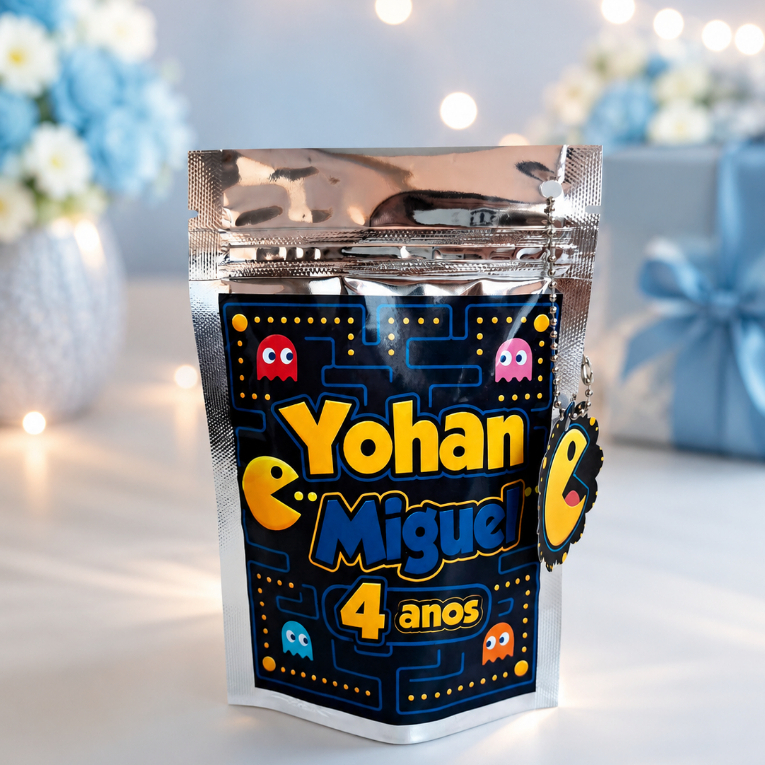 Saquinho metalizado Ziplock 10x15cm Pac Man personalizado | Lembrancinha de Festa Infantil | Aniversário infantil