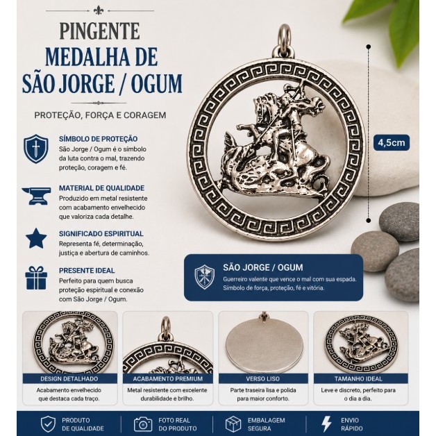 Pingente Medalha São Jorge Ogum - 4,5cm - Prata Velha Proteção Fé Amuleto