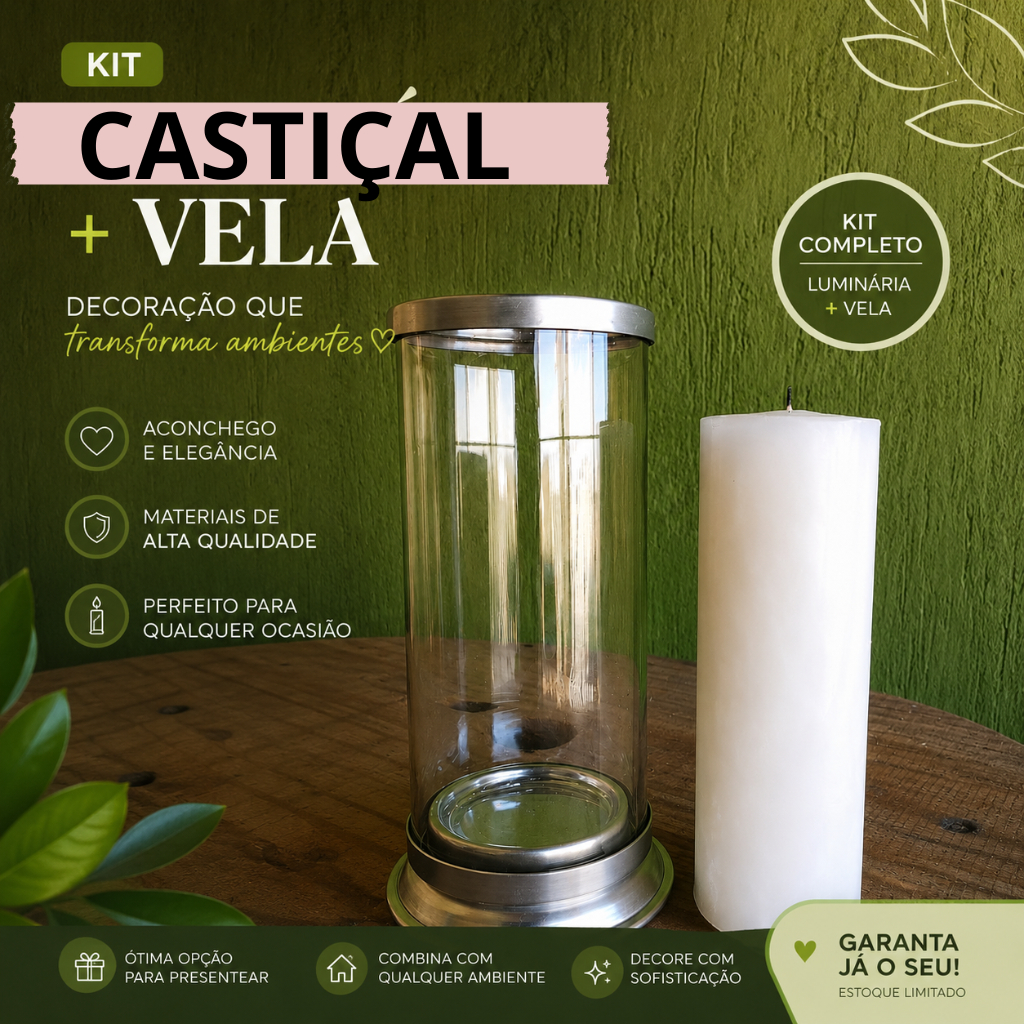 Castiçal Porta Vela 7 Dias Decorativo Kit Completo com Vela de 7 Dias Vidro e Alumínio Luxo