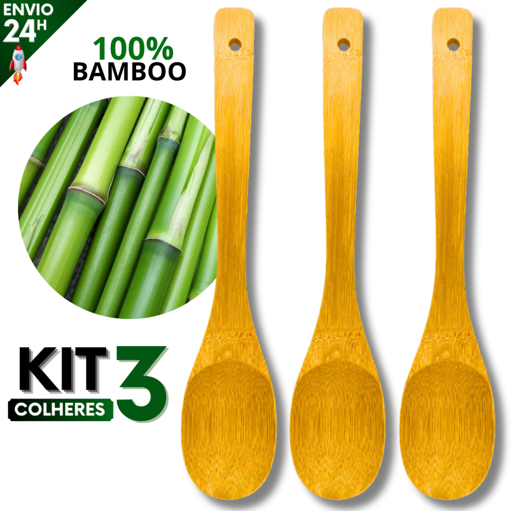 Kit 3 Colher de Bambu para Cozinhar 30 cm Madeira Bamboo Média Cozinha Gourmet
