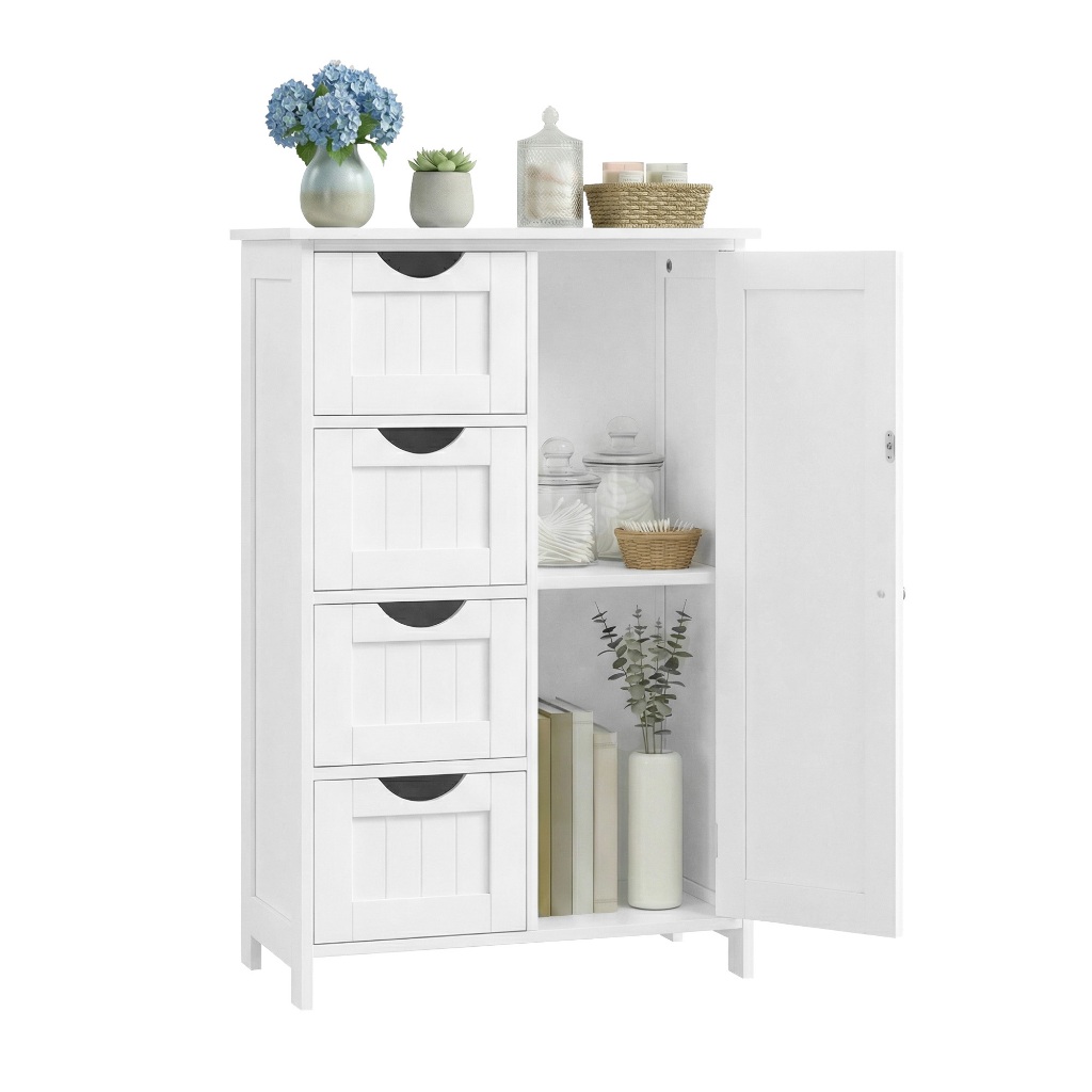 SONGMICS Armáriaco organizador para banheiro com 4 gavetas, prateleira ajustável e porta, 30x55x82 cm, branco
