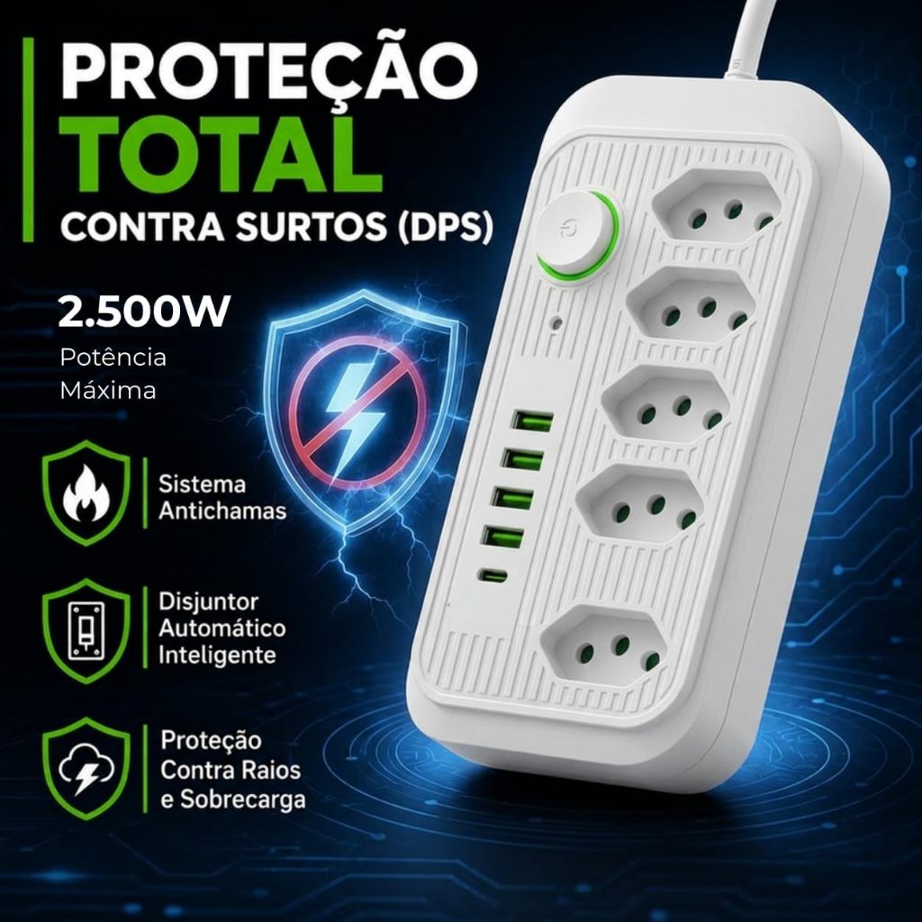 Régua Filtro de Linha com 5 Tomadas Extensão Elétrica 4 USB e 1 USB-C Bivolt 10A 110v/220v Cabo de 2 Metros