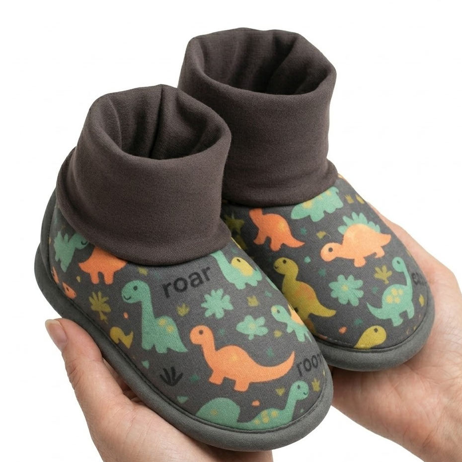 Pantufa Botinha Infantil Dino Quentinha com Estampa Divertida Macia e Confortável