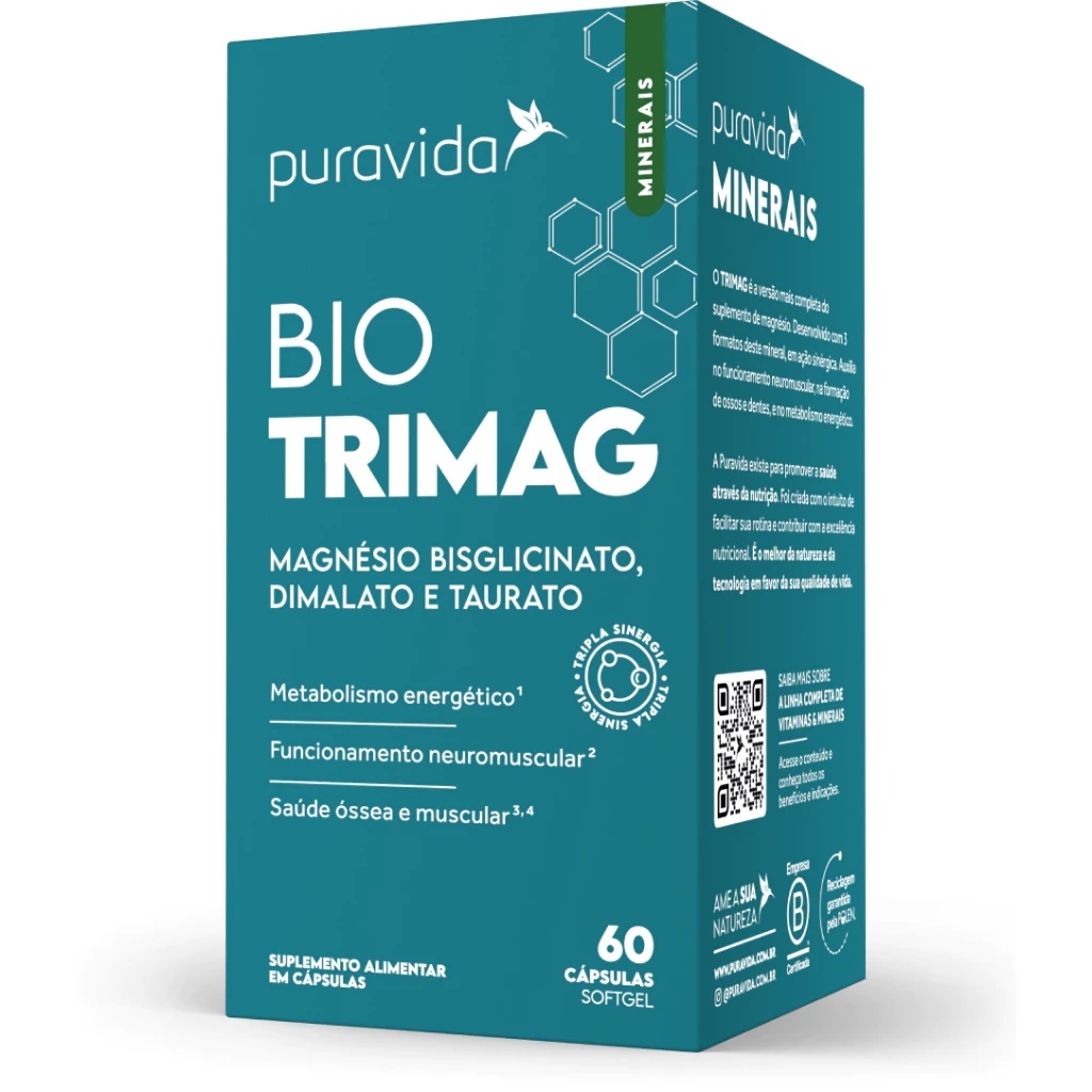Magnésio Puravida Bio Trimag 60 cápsulas Bisglicinato Malato Taurato Suplemento Alimentar 3 Magnésio