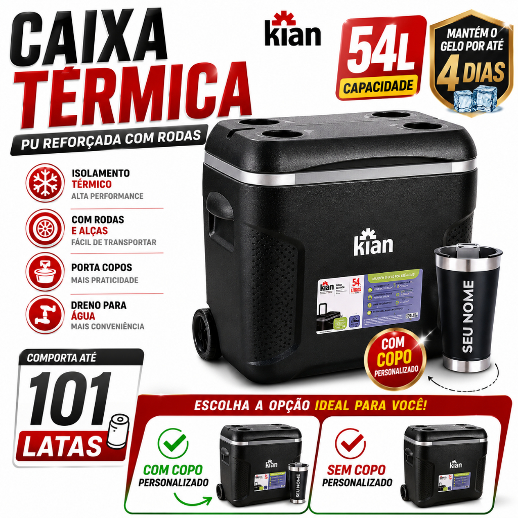 Caixa Térmica Pu 54L Com Rodas Alças Porta Copos Cooler Latas Mantém 4 dias com Gelo 101 Latas kian