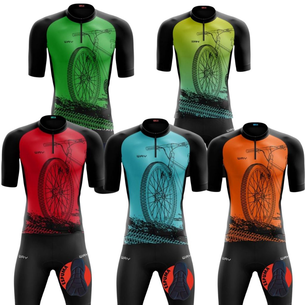 Conjunto Ciclismo Masculino Camisa Bike Roda Azul Verde Laranja Pro Camiseta e B