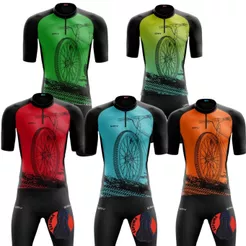 Conjunto Ciclismo Masculino Camisa Bike Roda Azul Verde Laranja Pro Camiseta e Bermuda Forro Espuma