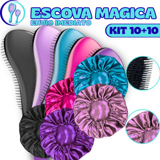 Kit 20 - Kit 10 Touca De Cetim + Kit 10 Escovas Mágicas pra cabelo - Anti Frizz - De Desembaraçar Cabelo
