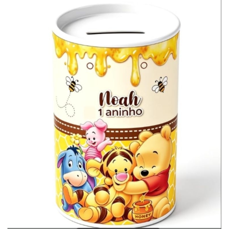 Cofrinho + Rótulo Personalizados Ursinho Pooh Lembrancinha de Aniversário Festa Infantil