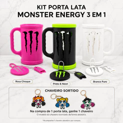 Kit Copo Monster Energy 3 em 1 com Tampa Protetora + Abridor Chaveiro