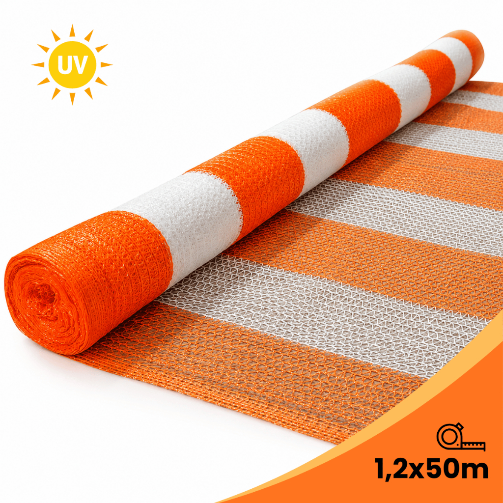 Tela Tapume Cerquite Laranja e Branca 1,20x50m Trançada Sinalização Obra Construção Proteção Laje