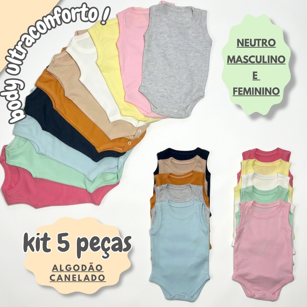 Kit 5 Body Bebê Regata Malha Canelada Algodão Pagão Enxoval Maternidade Macacão Rescém Nascido