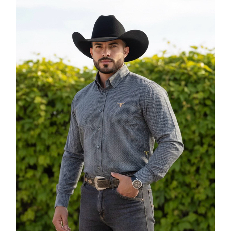 Camisa Xadrez Country Manga Longa Cowboy Lida de Boiadeiro Bordada Gola Americana