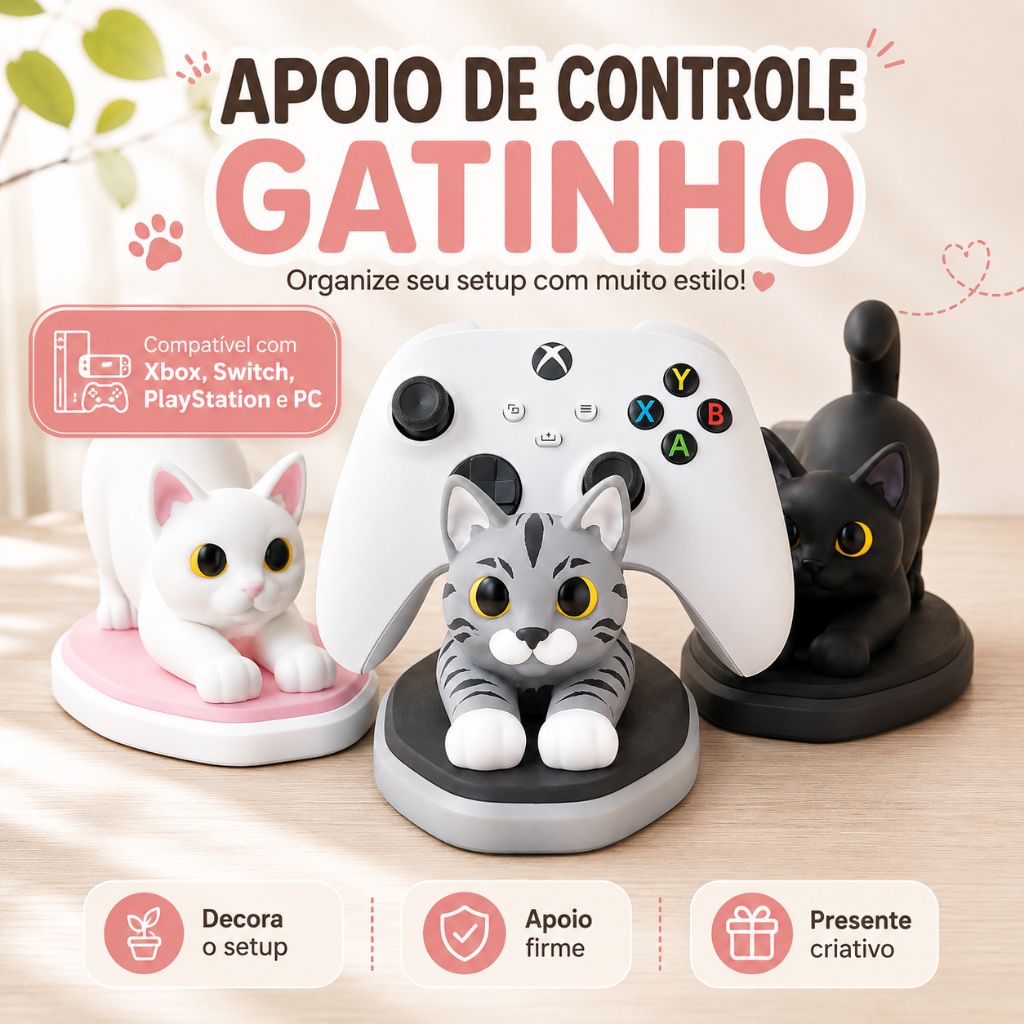 Apoio de Controle Gatinho Suporte Gamer Xbox PS5 PS4 Switch PC Personalizado