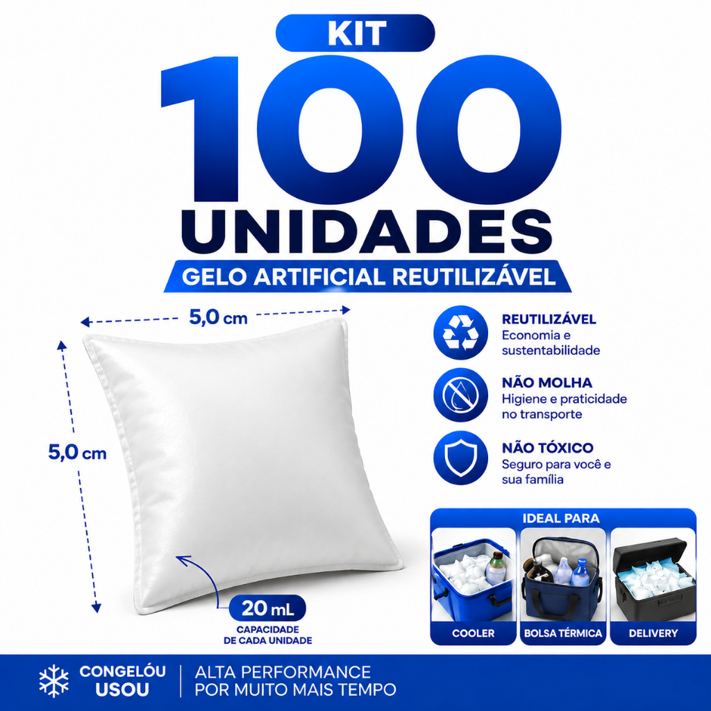 Kit 100 Unidades Gelo Artificial Reutilizável Alta Performance Cooler Bolsa Térmica Transporte Remédio Gelo x Gel