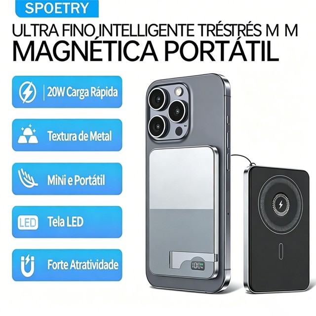 Carregador Portátil Magnético 10000mAh 3C 22.5W Recarga Rápida para Celular e Smartwatch