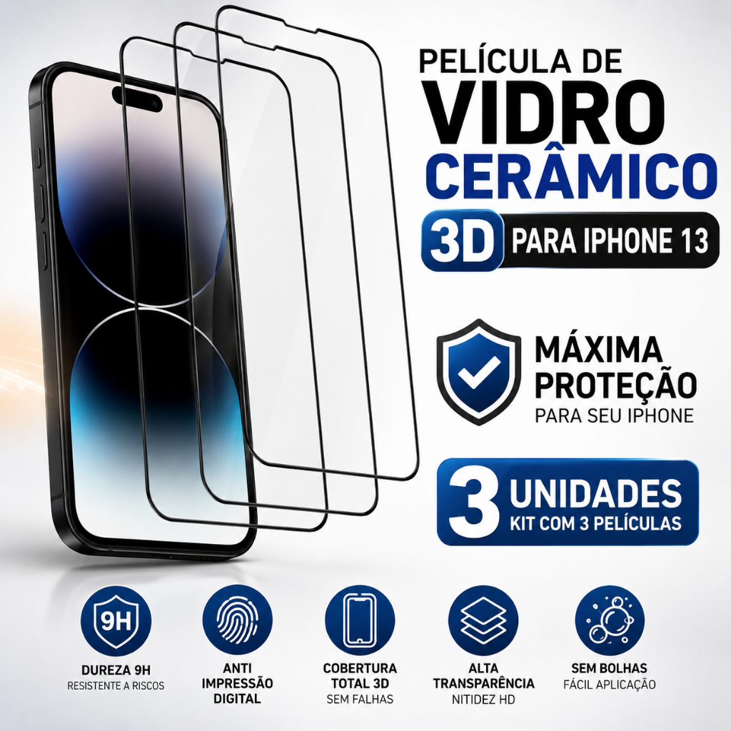 kit 3 peliculas premium para iphone 13 proteção 3D vidro ceramico tecnologia 9H antiriscos