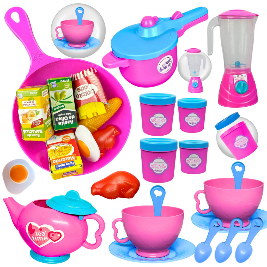 Kit Cozinha Infantil de Brinquedo 24 pçs Faz de Conta Panelas Comidinhas Xícaras Acessórios