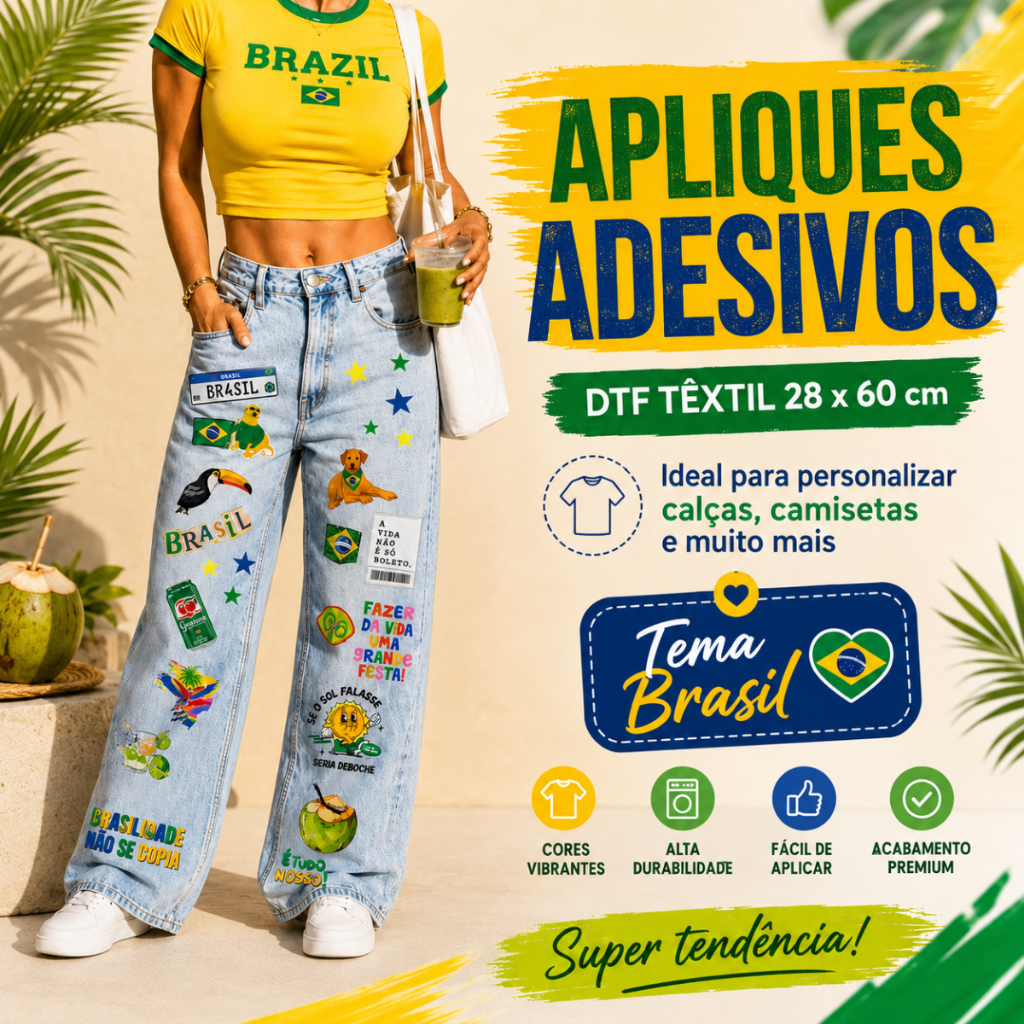 Aplique Adesivo Exclusivo DTF Copa do Mundo BRASIL Termocolante Camiseta Calça Pronto Para Estampar 28x60 cm