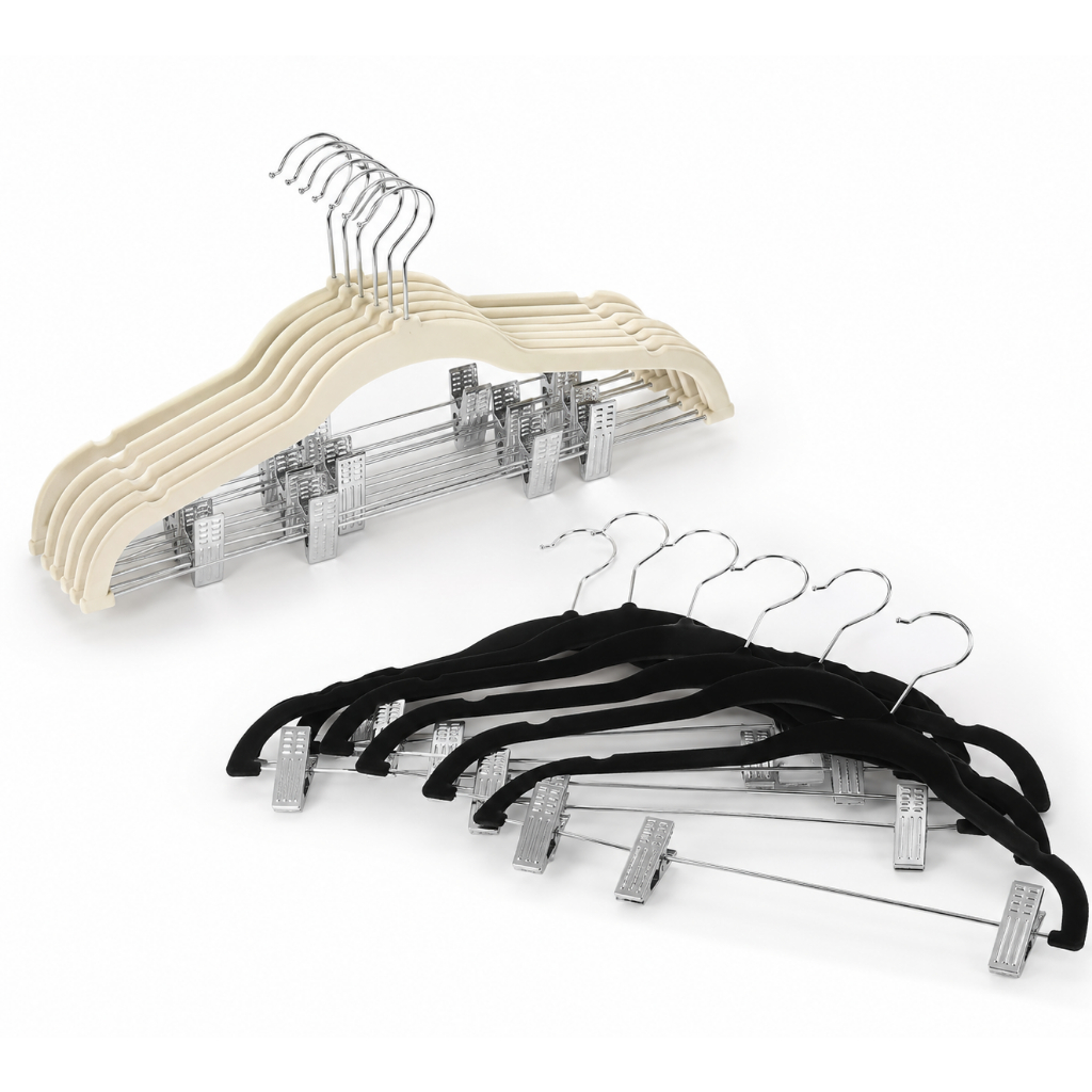 Kit 10 Cabide De Veludo Com Presilhas Sofisticado Antiderrapante Cores Preto & Bege Antiferrugem