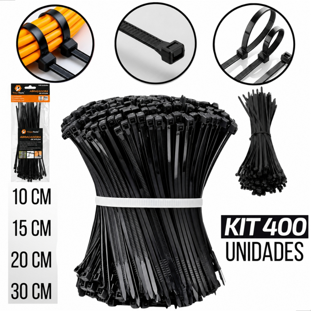 Kit 400 Abraçadeira Enforca Gato De Nylon 100mm x 2,5mm 150mm x 2,5mm 200mm x 2,5mm 300mm x 3,5mm He