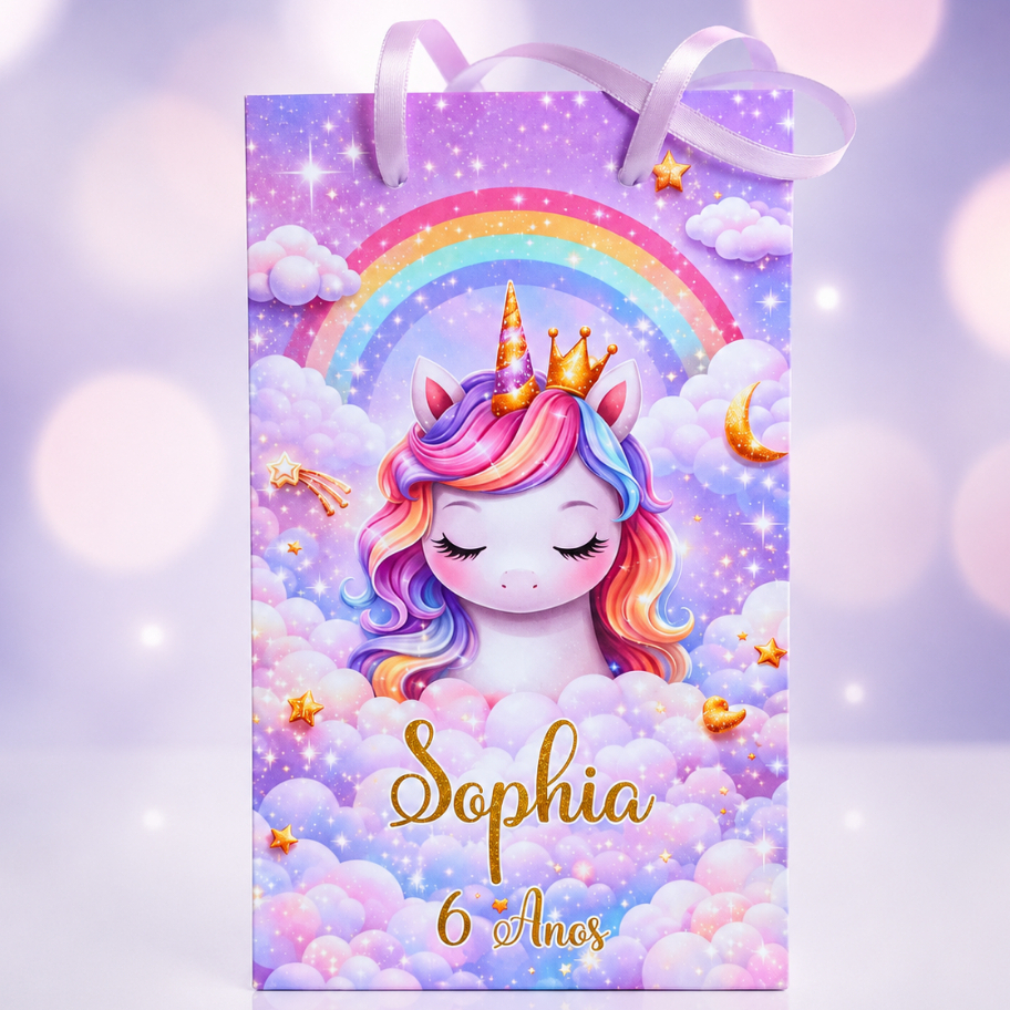 Kit Sacolinha Unicórnio Personalizada – 10 a 40 Unidades | Lembrancinha Aniversário Infantil Menina
