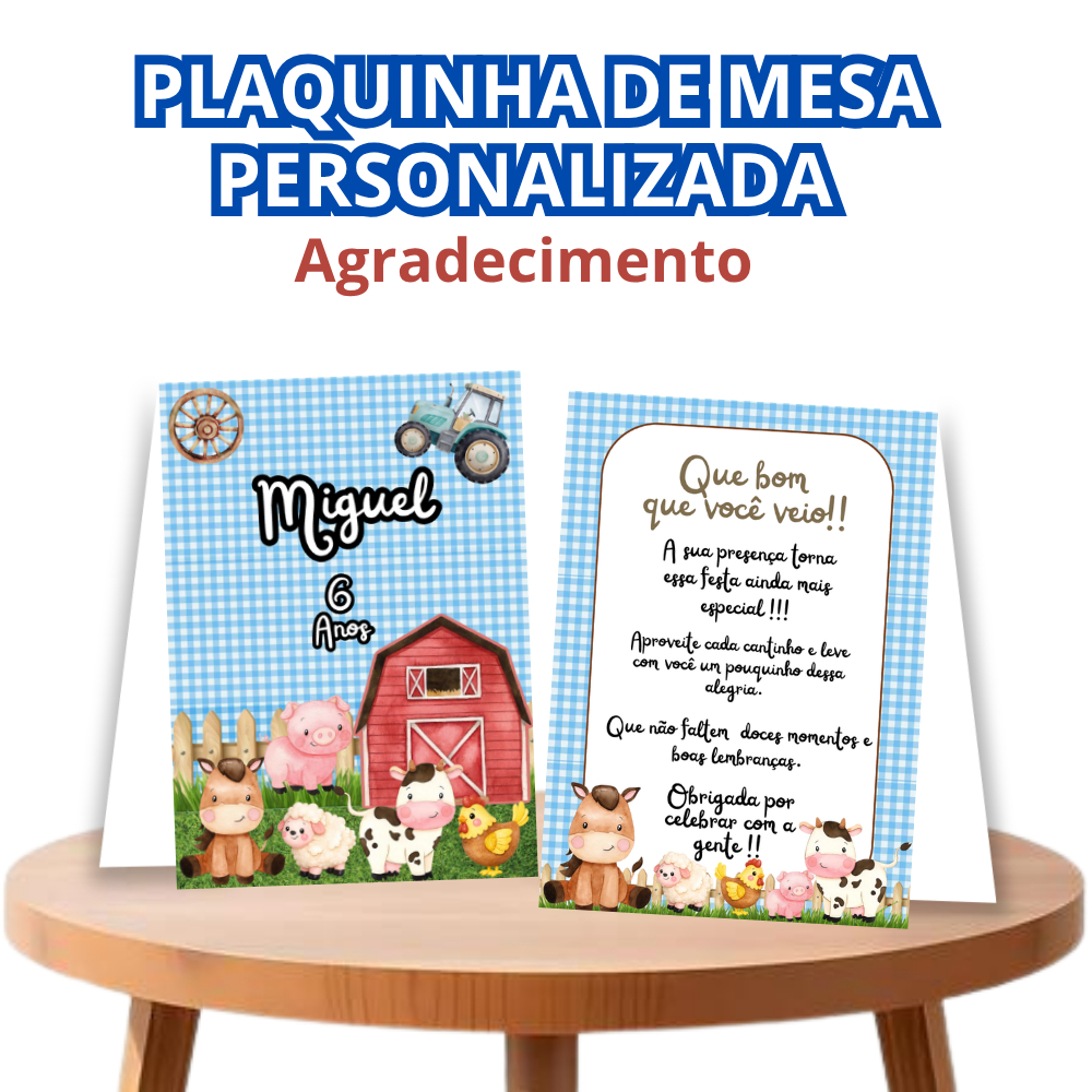 Plaquinha de mesa agradecimento FAZENDINHA /Centro de mesa personalizado/Lembrancinha/Festa infantil