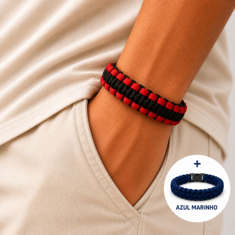 Kit 2 Pulseiras Masculinas Premium Azul Marinho + Colorida  Fio Paracord 3mm  Fecho Engate  Presente Masculino