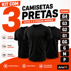 Kit 3 Camisetas Básicas 100% Algodão Unissex Lisa Preta P ao G4 Masculina Feminina