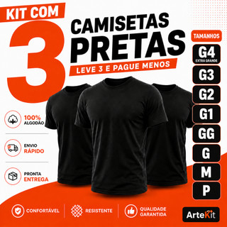 Kit 3 Camisetas Básicas 100% Algodão Unissex Lisa Preta P ao G4 Masculina Feminina