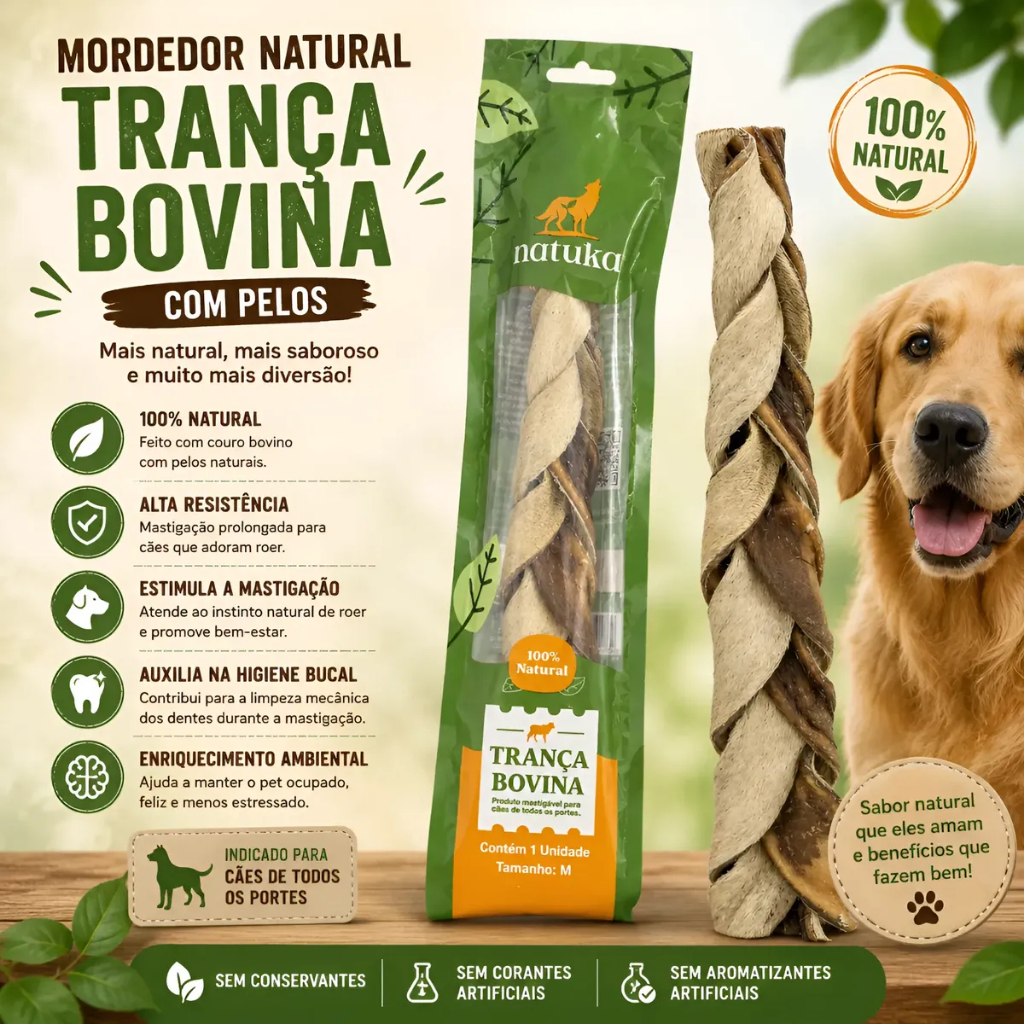 Mordedor Natural Para Cachorro Trança De Couro Bovino Resistente