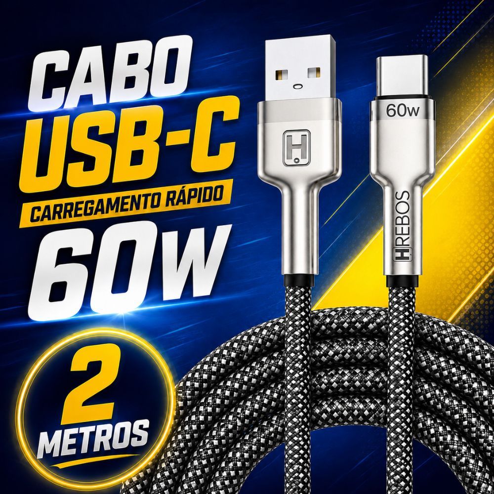 Cabo Carregador Turbo USB-C 2 Metros 60w Rápido Carregamento Dados Para Celular Smartphone Tablet