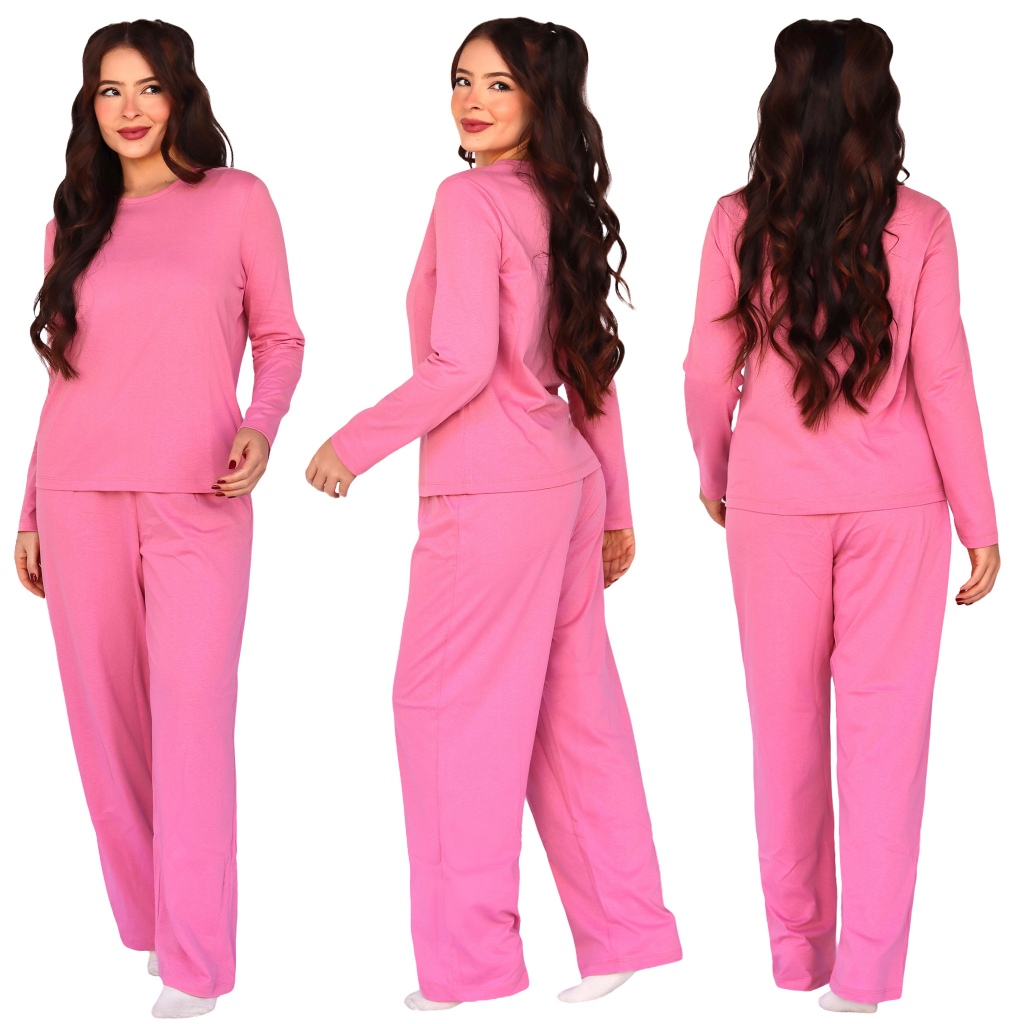 Detalhes do Kit 2 Conjuntos Pijama Feminino Manga Longa Liso Adulto Novas Cores