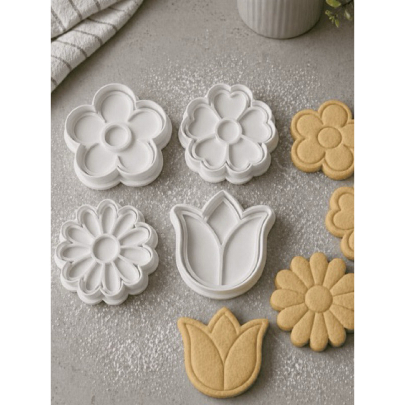 Kit Cortadores de Biscoito com Carimbo Flores em PLA | Impressão 3D