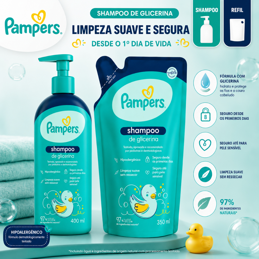 Kit Shampoo Pampers Glicerina 400ml + Refil 350ml Limpeza Suave Hipoalergênico