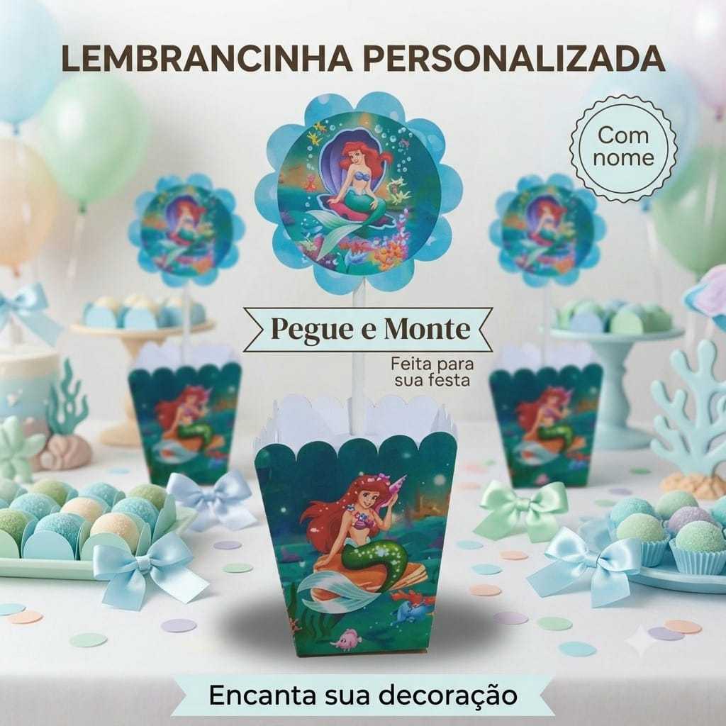 Centro de Mesa Cachepô Personalizado Pequena Sereia Ariel Festa Infantil, Lembrancinha Criativa, PEGUE E MONTE