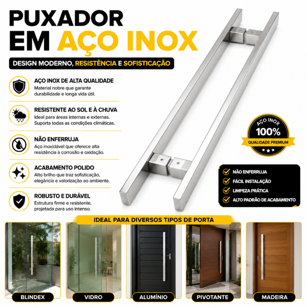Puxador Inox 304 Duplo 40cm Barra Larga Polido Preto Portas Vidro Madeira Alumínio pivotante