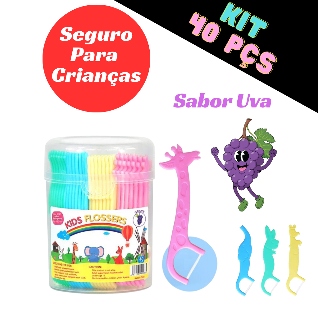Fio Dental com Haste Infantil Kit 40 unidades com SABOR UVA Em Forma de Arco UltraFino livre de BPA