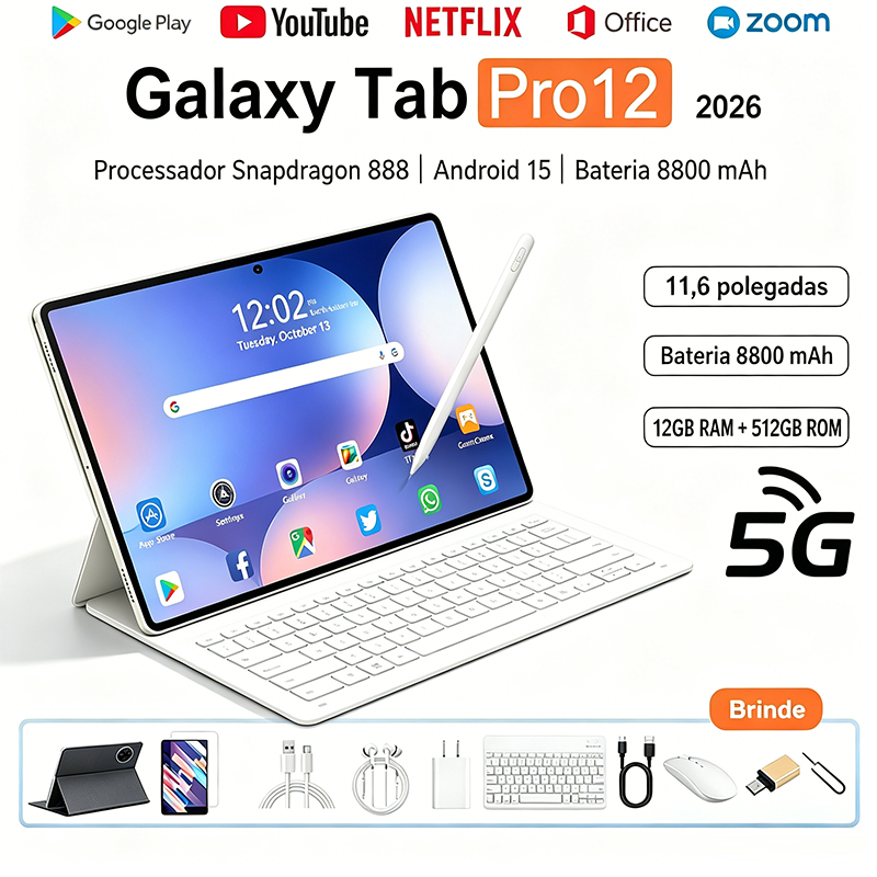 Tablet Galaxy Pro12 | 12GB RAM 512GB | Android 15 | Tela 11.6" HD | 5G | Com Teclado e Mouse Grátis