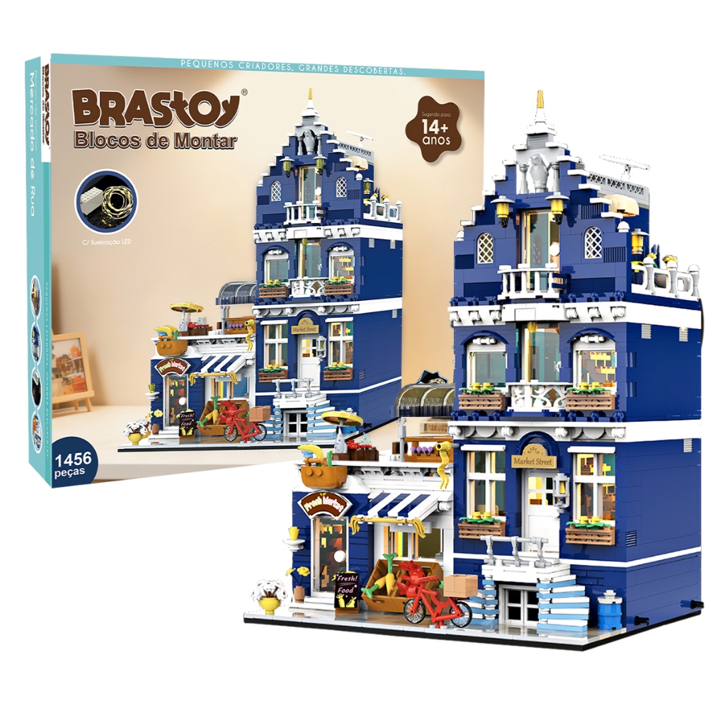 Brinquedo de blocos com LED, 1456 peças - Edifício mercado vintage azul