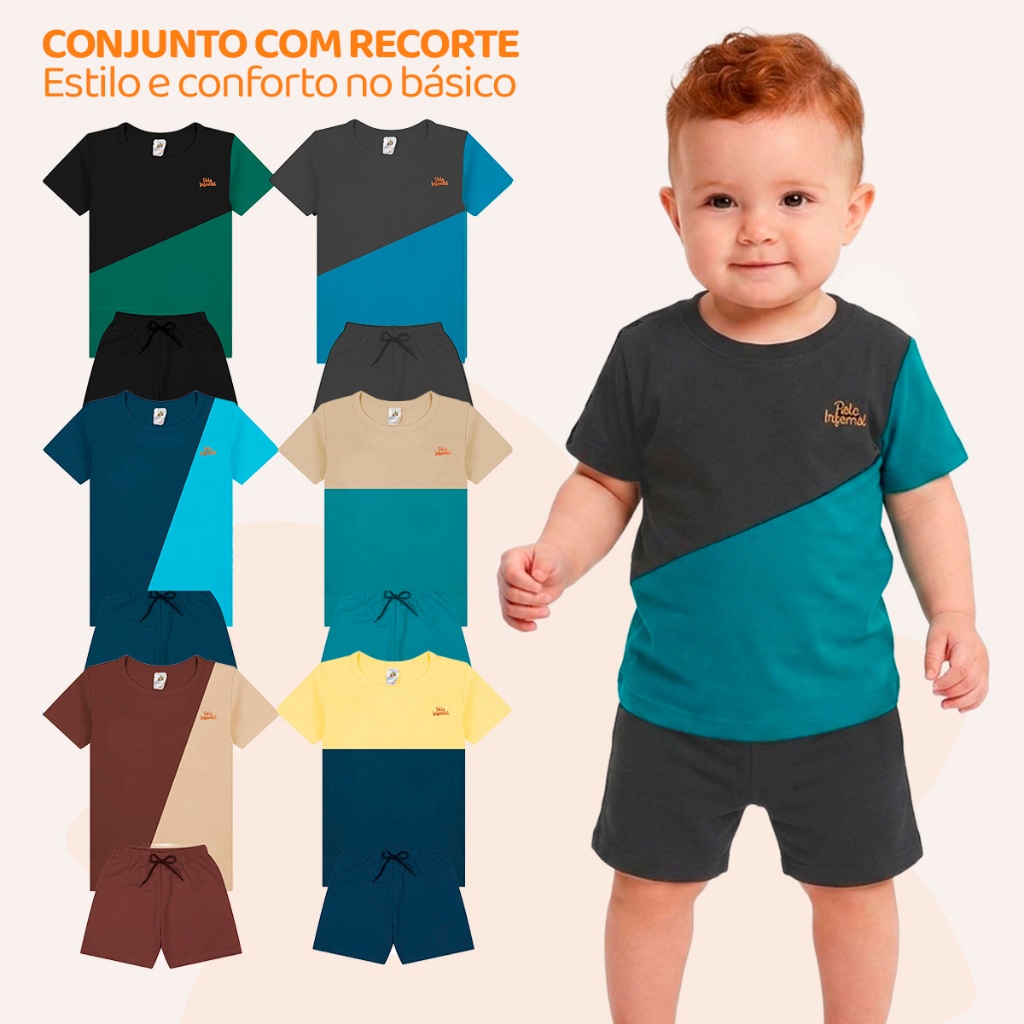 Kit 3 Conjuntos com Recorte Bebê Menino 6 Peças de Roupa — Design Diagonal que Transforma o Básico em Estilo