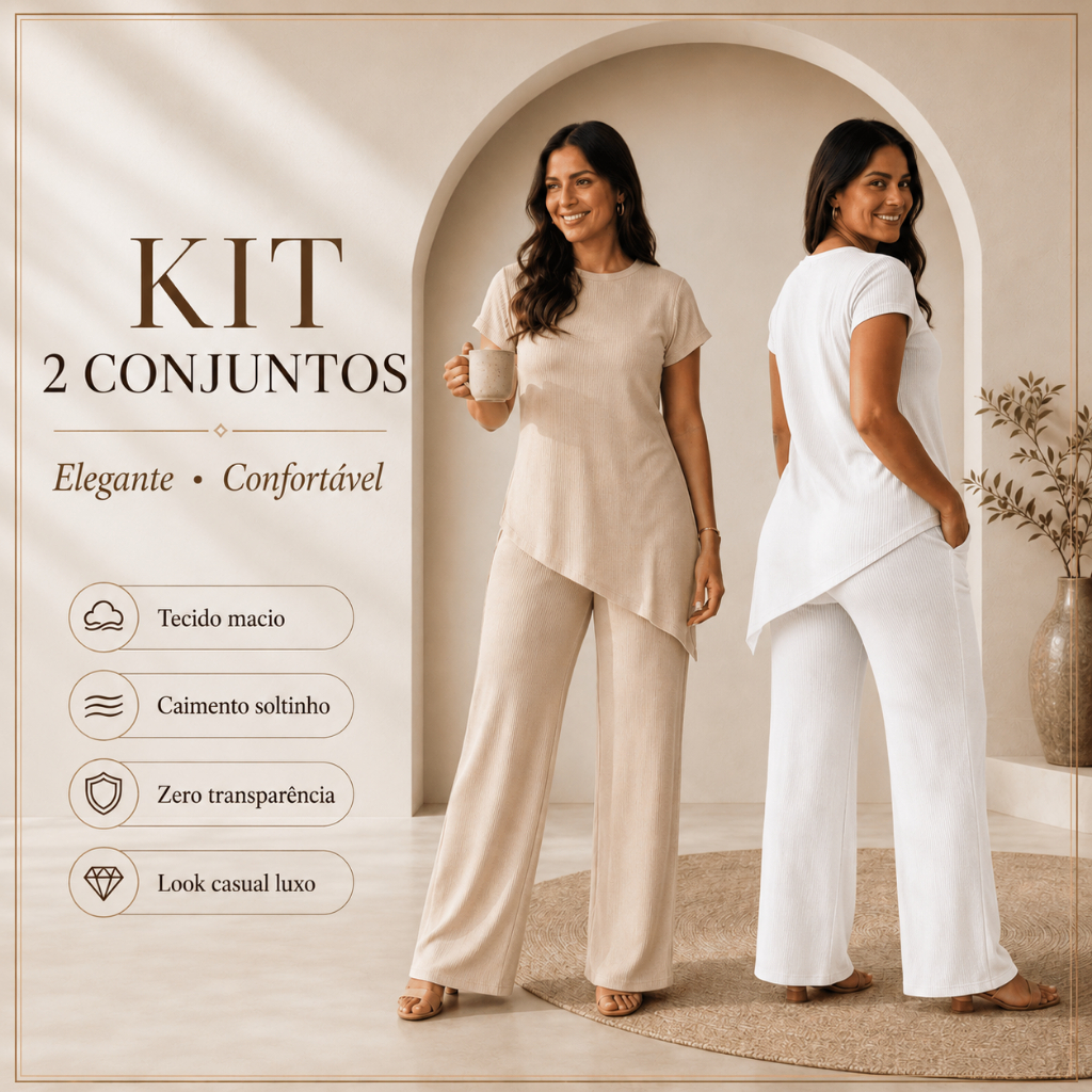 Kit 2 Conjuntos Femininos Pantalona Canelado Elegante Assimétrico Confortável